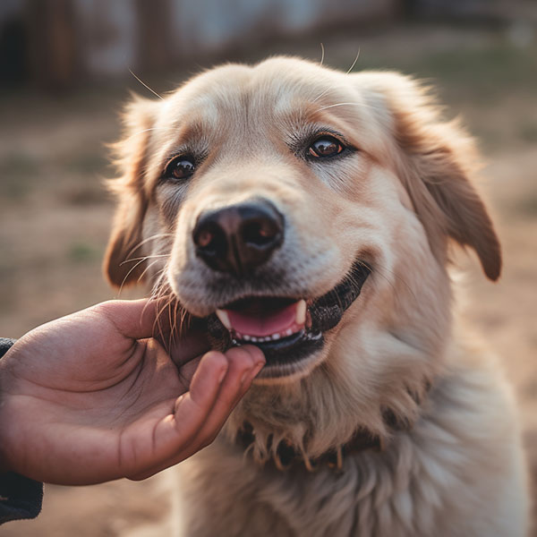 A dog about to bite it's owner's hand
