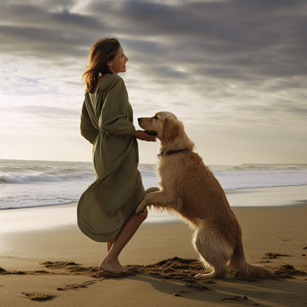 A dog jumping up at it's owner